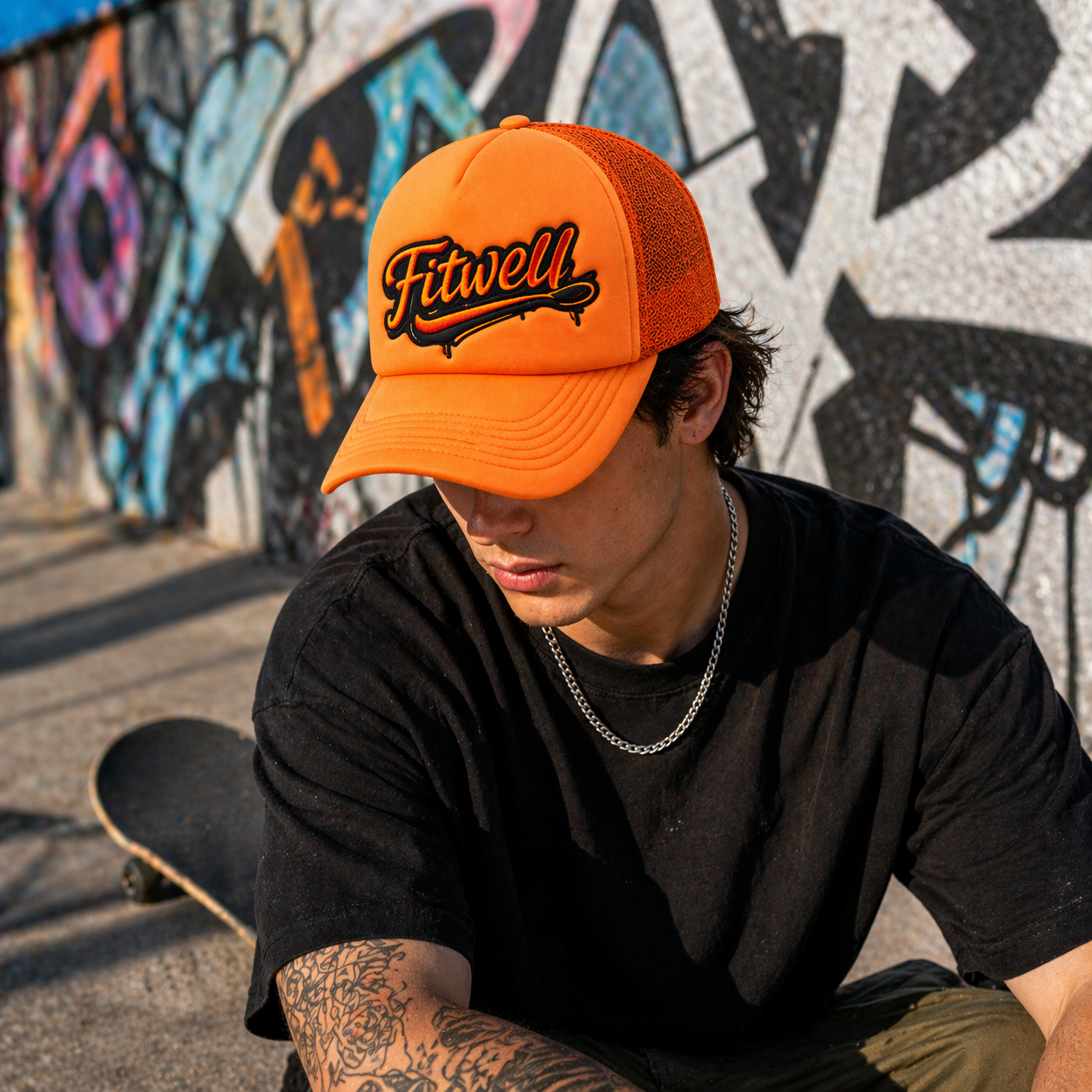 Orange Mesh Back Trucker Cap with Embroidered Letter Logo 5 Panel Snapback Hat
