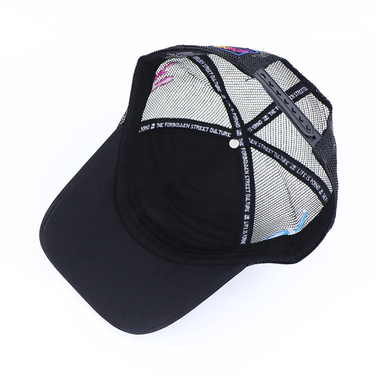 Black 5 Panel Foam Trucker Hat with Colorful Flat Embroidery Graphic Design