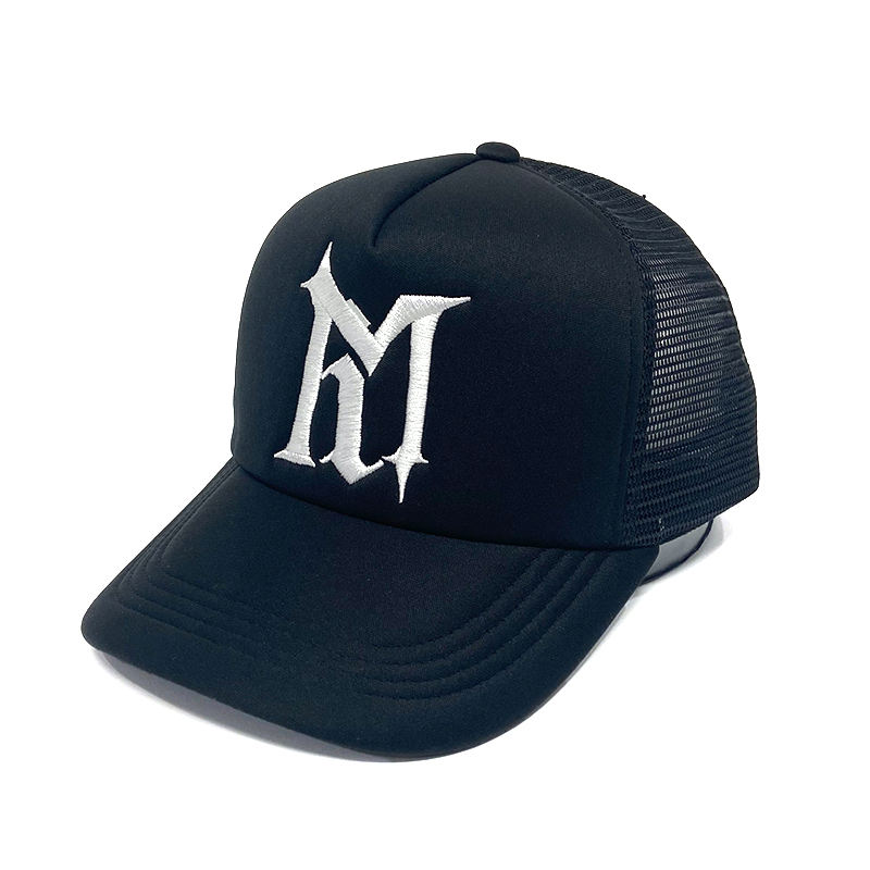 Black M Logo 5 Panel Foam Trucker Cap with Flat Embroidery