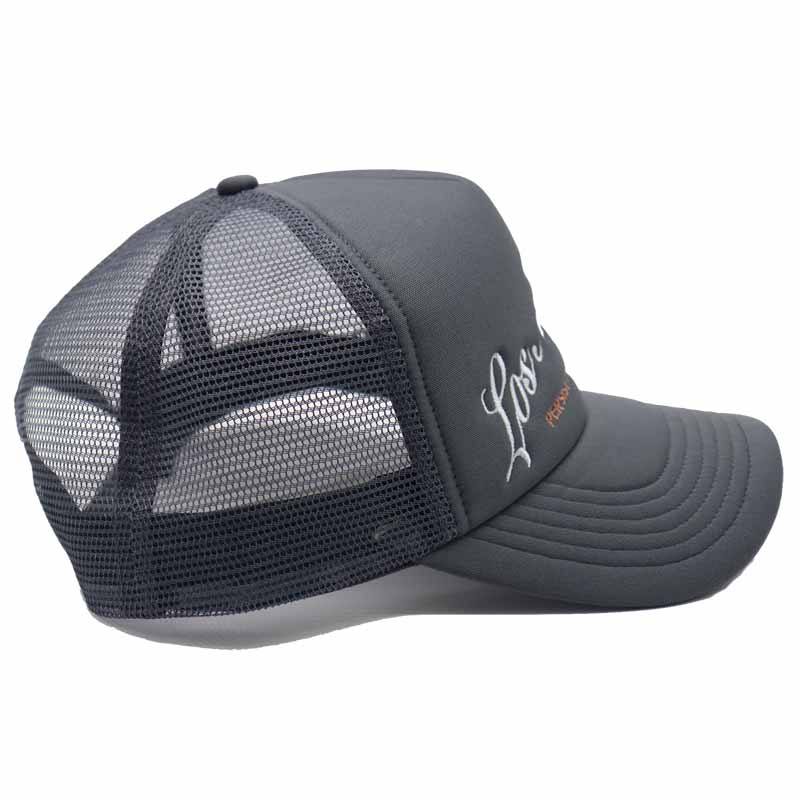 Grey Los Angeles Script Embroidered Mesh Trucker Cap with Angel Graphic