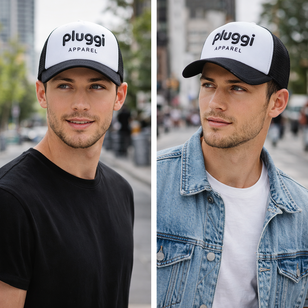 White & Black Mesh Trucker Hat with Raised Embroidered Logo