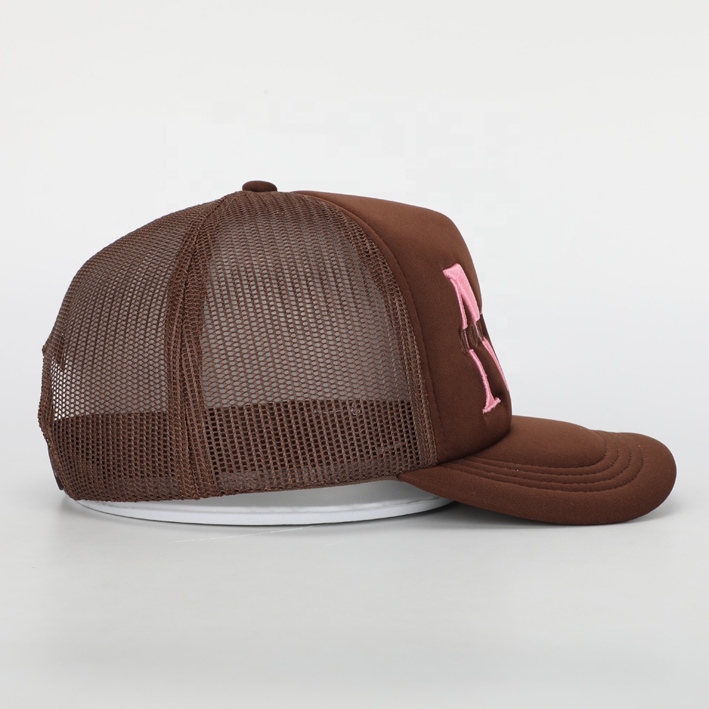 MT Name First Brown & Black 5-Panel Mesh Trucker Hat with Flat Embroidery