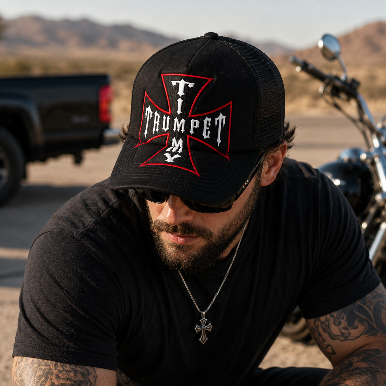 Black Trumpet Cross Embroidered Five-Panel Mesh Trucker Cap