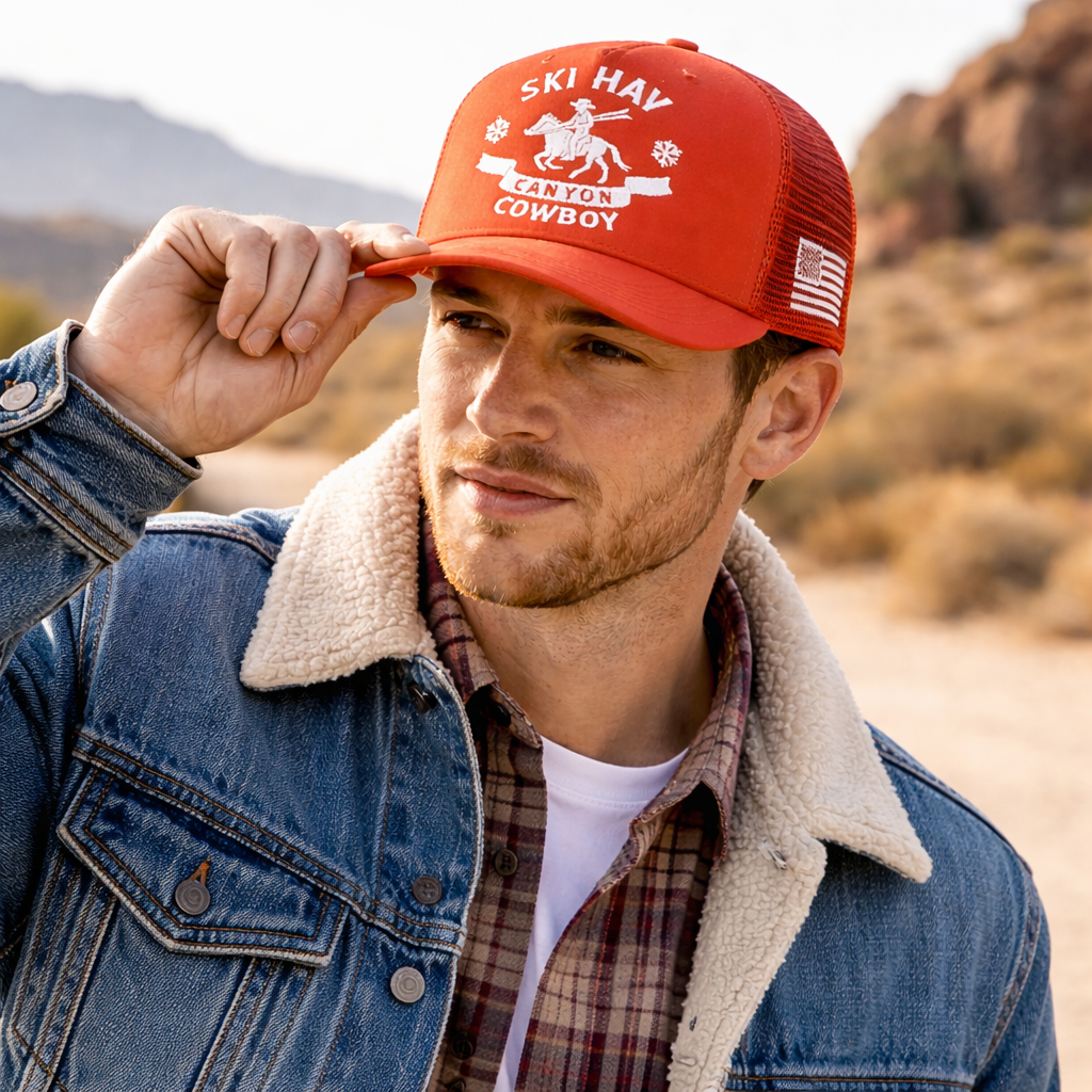 Canyon Cowboy Red Mesh Trucker Cap – Western 5-Panel Snapback Hat