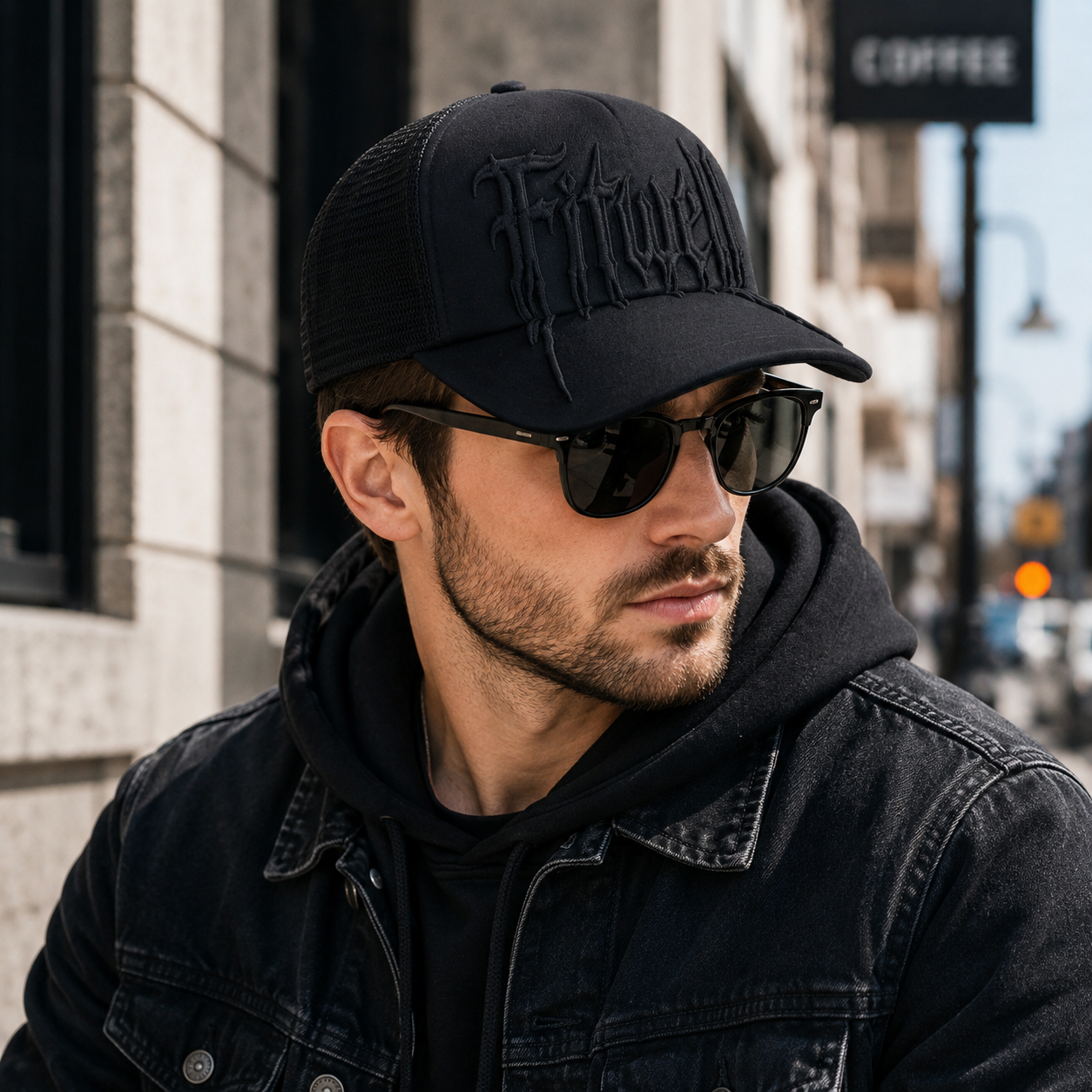 Midnight Black Tonal Gothic Flame Embroidered Mesh Trucker Cap