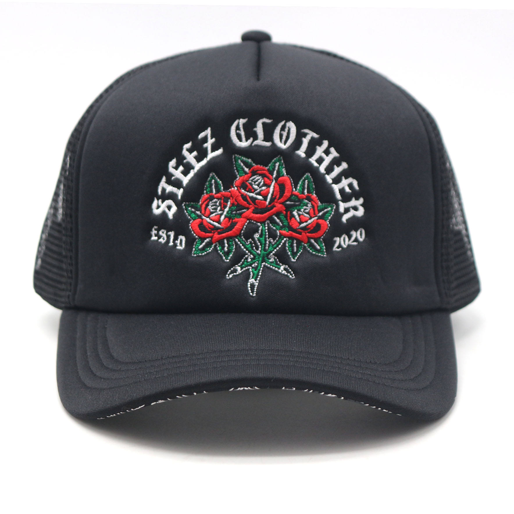 High-Quality Foam Trucker Hat with Flat Embroidered Rose Logo