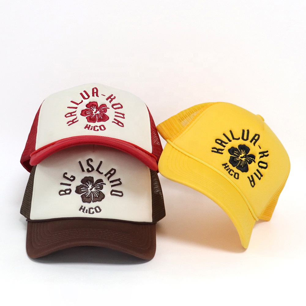 Retro Floral Embroidered Mesh Trucker Cap with Curved Brim