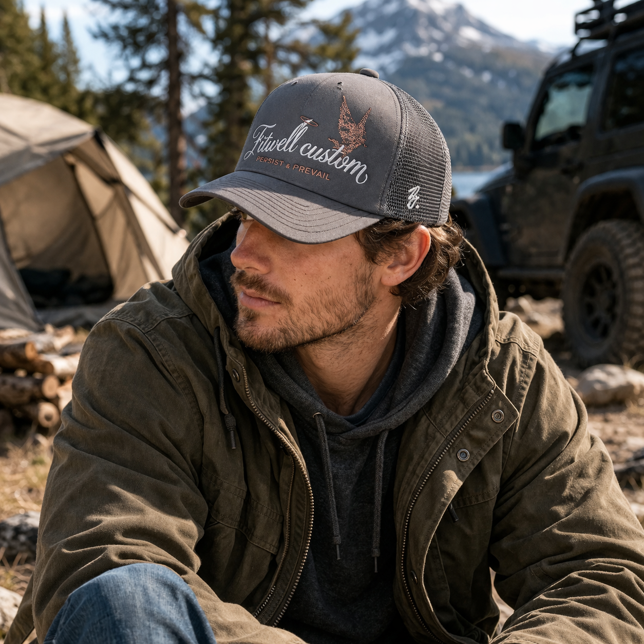 Grey Los Angeles Script Embroidered Mesh Trucker Cap with Angel Graphic