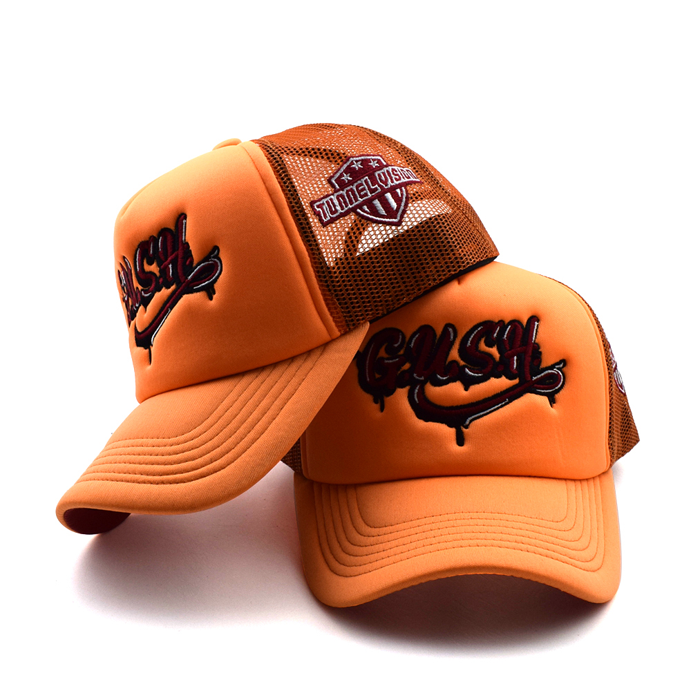 Orange Mesh Back Trucker Cap with Embroidered Letter Logo 5 Panel Snapback Hat