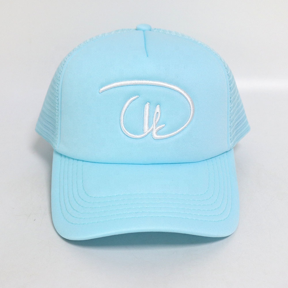 Light Blue Script Logo Mesh Trucker Cap with Curved Brim