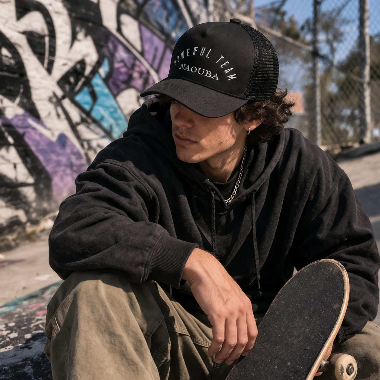 Black Mesh Back Curved Brim Trucker Cap with Embroidered Letter Design