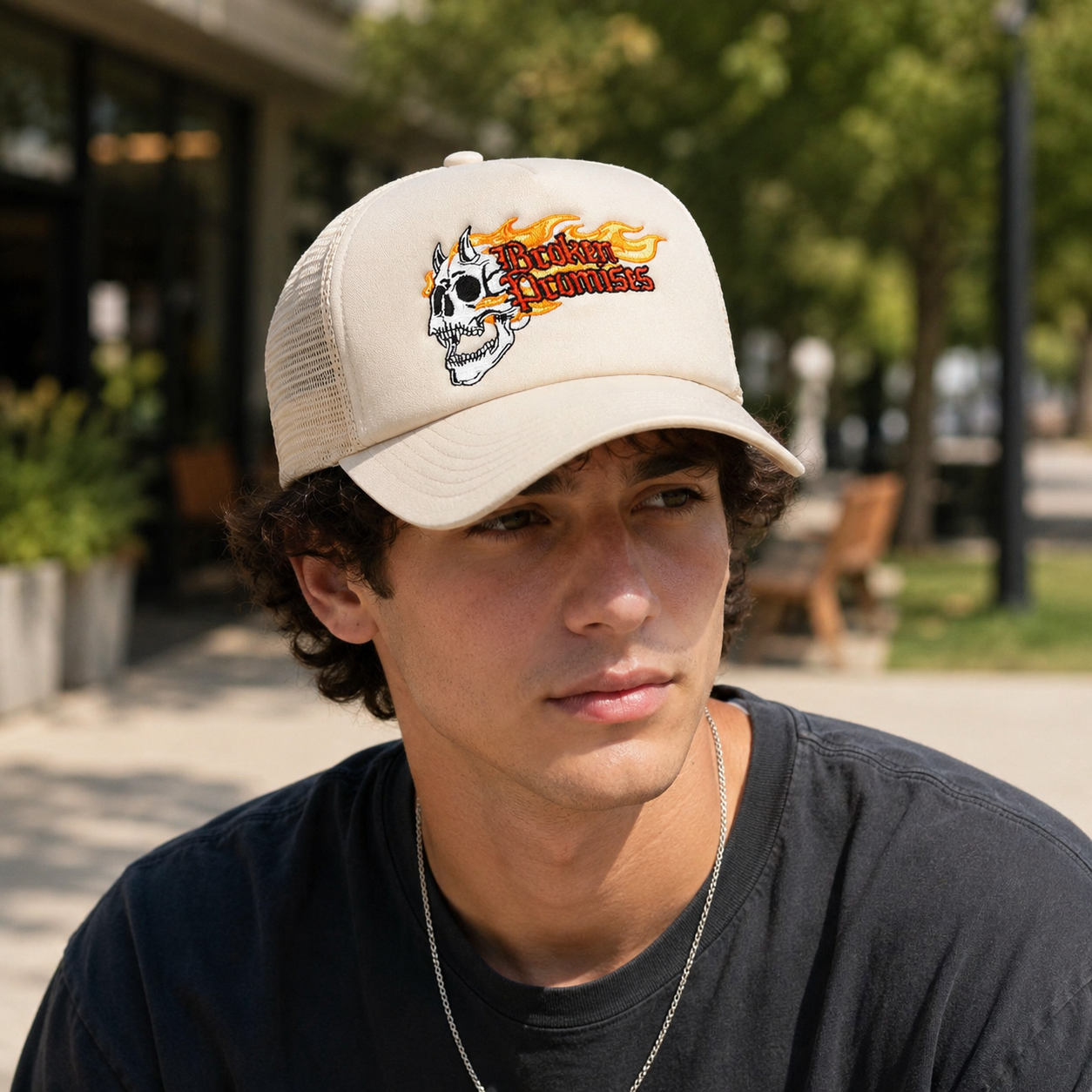 Skull Flame Embroidered Foam Mesh Trucker Cap