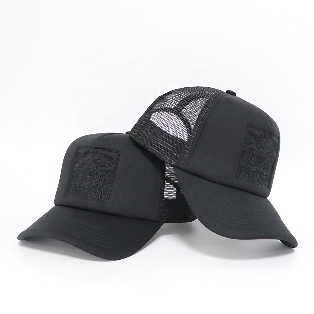 Black Foam Mesh Trucker Hat with Tonal Fish Patch Embroidery