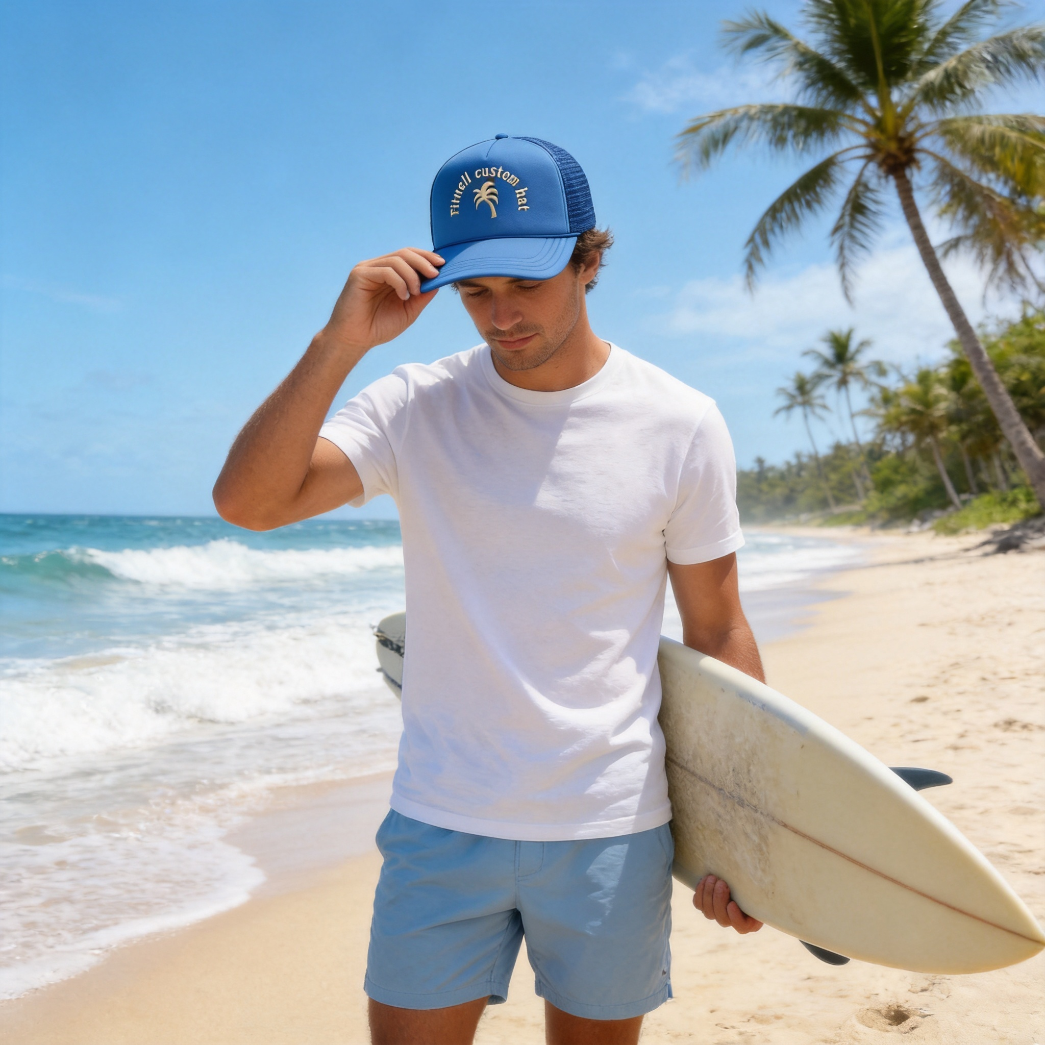 Blue Foam Trucker Cap with 3D Embroidered Logo Mesh Back Adjustable Snapback Hat