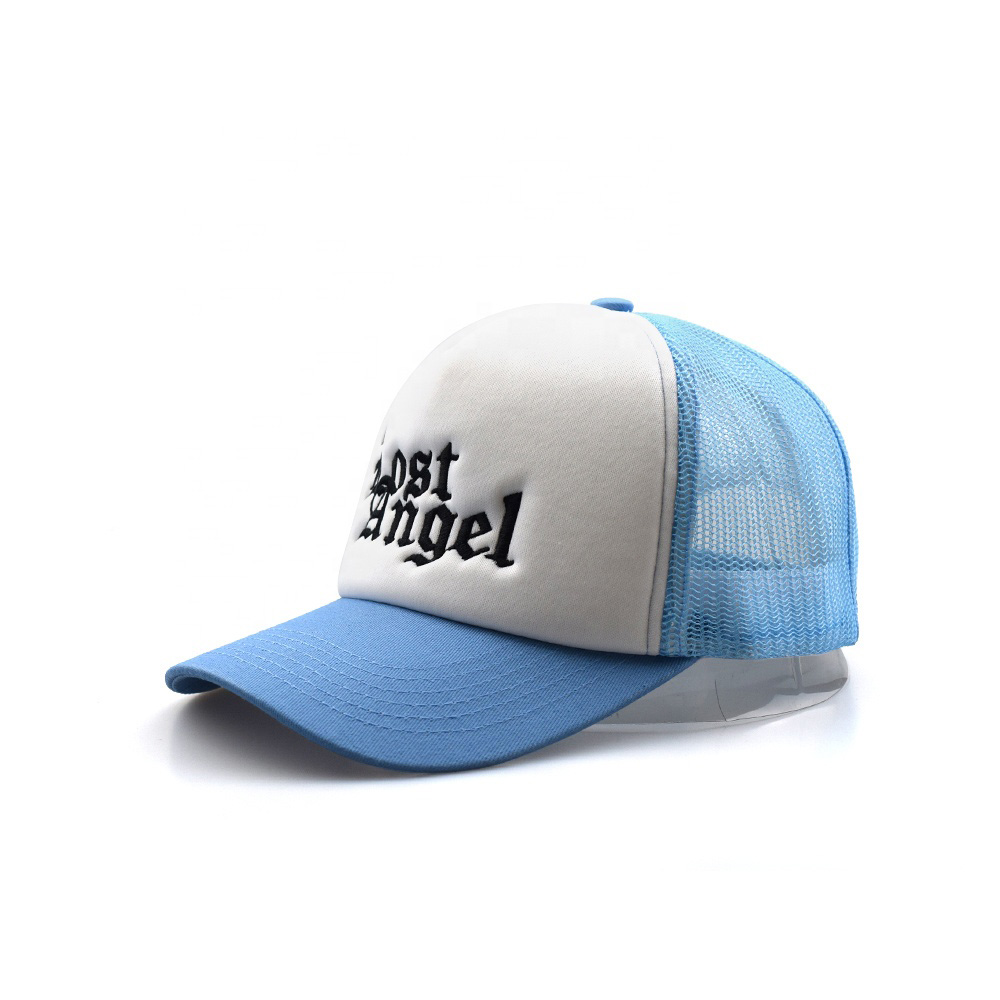 Lost Angel Embroidered Blue White Foam Mesh Trucker Hat – 5 Panel Snapback