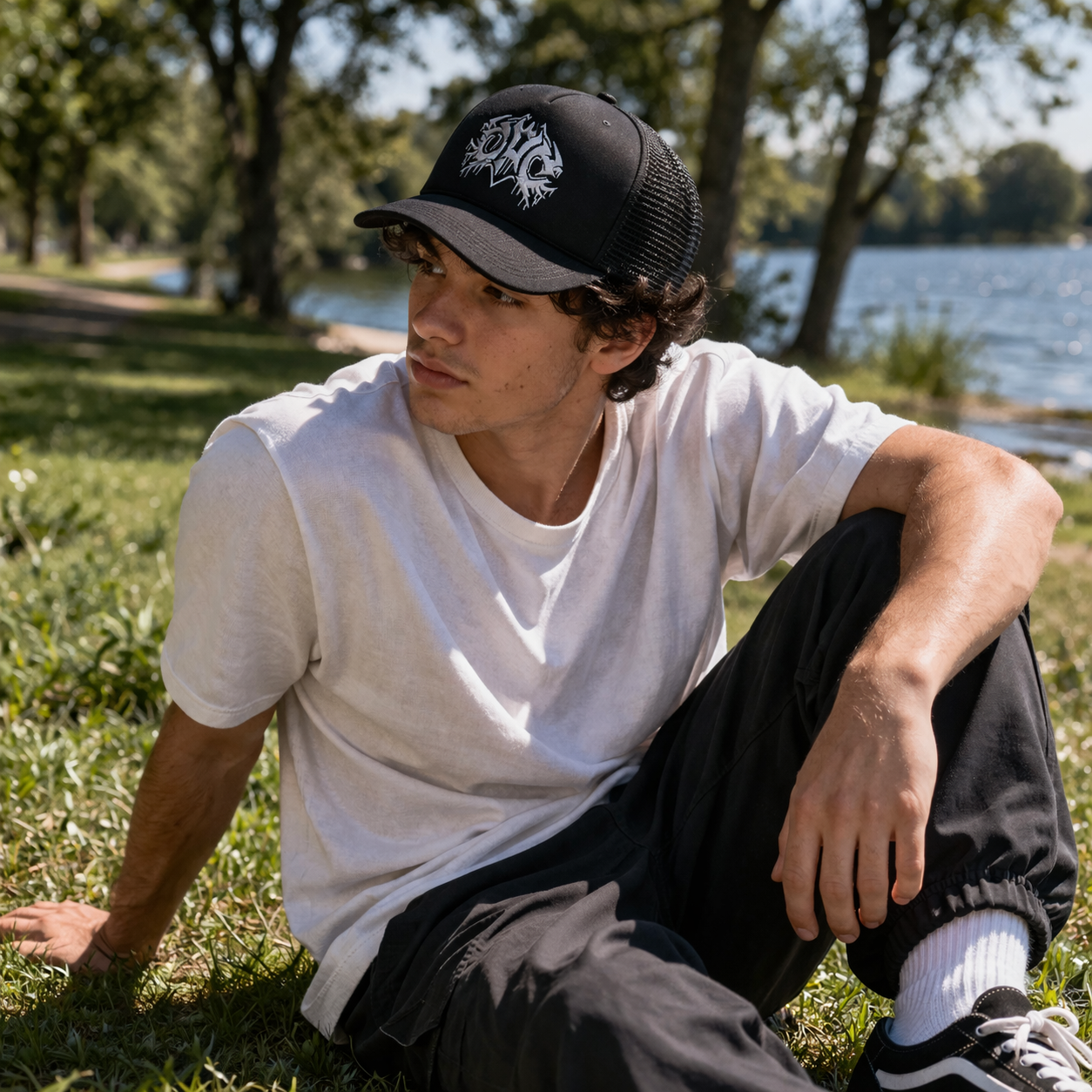 Foam Front Mesh Back Trucker Cap with Gothic Embroidery Design