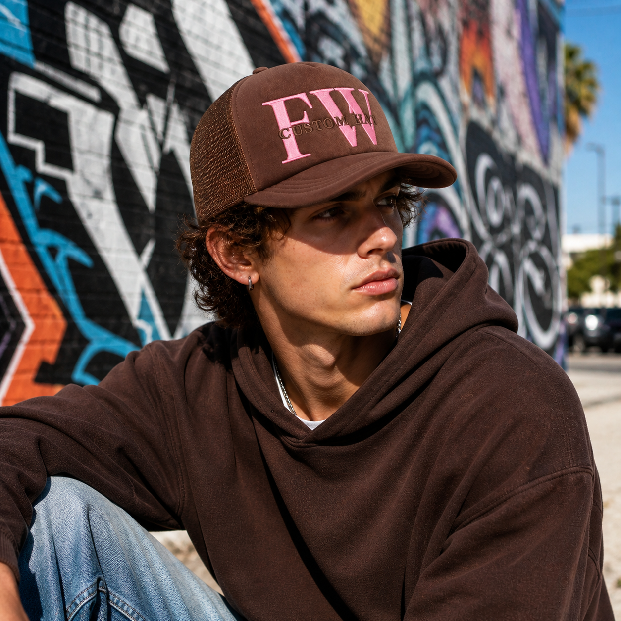 MT Name First Brown & Black 5-Panel Mesh Trucker Hat with Flat Embroidery