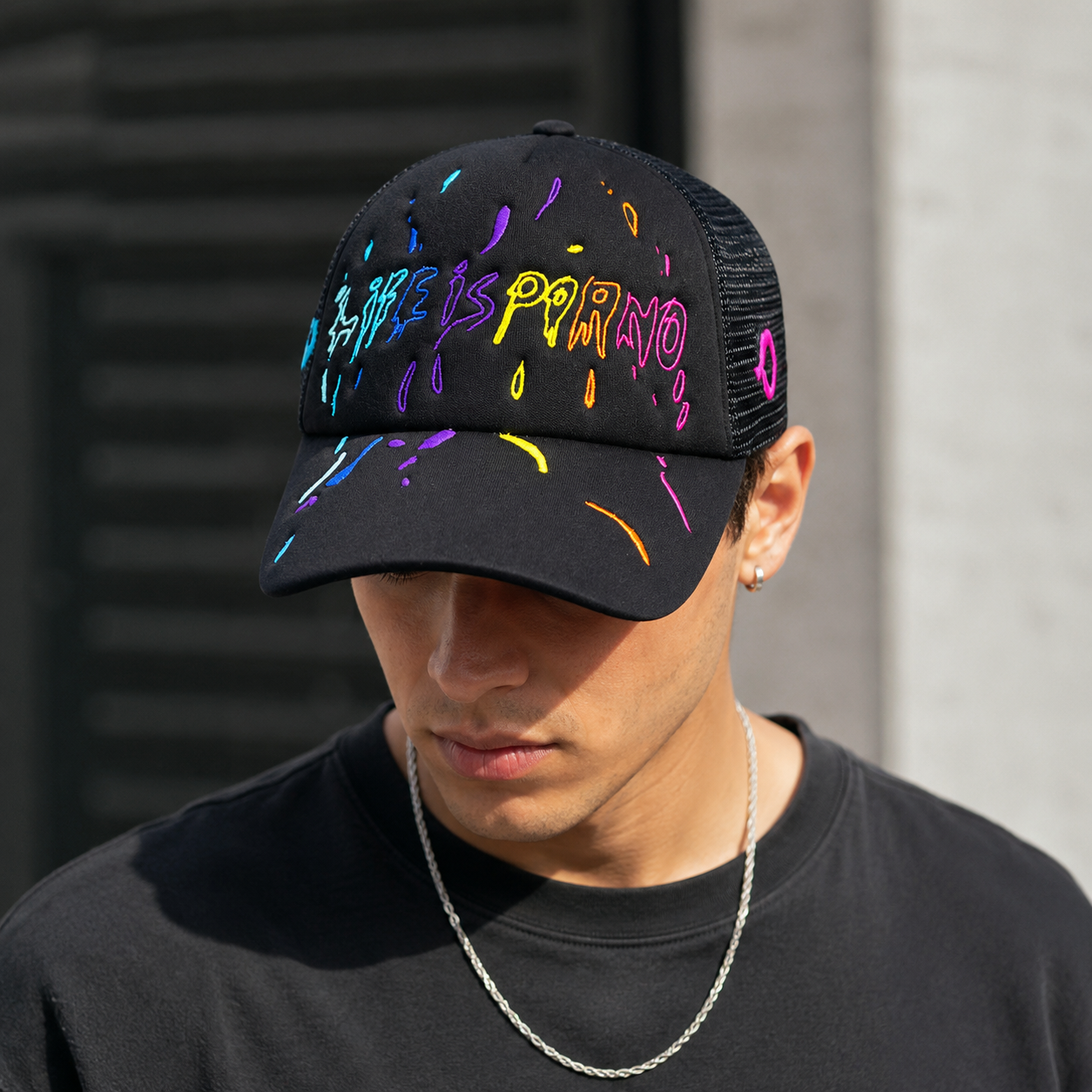 Black Neon Graphic Embroidered Foam Trucker Hat