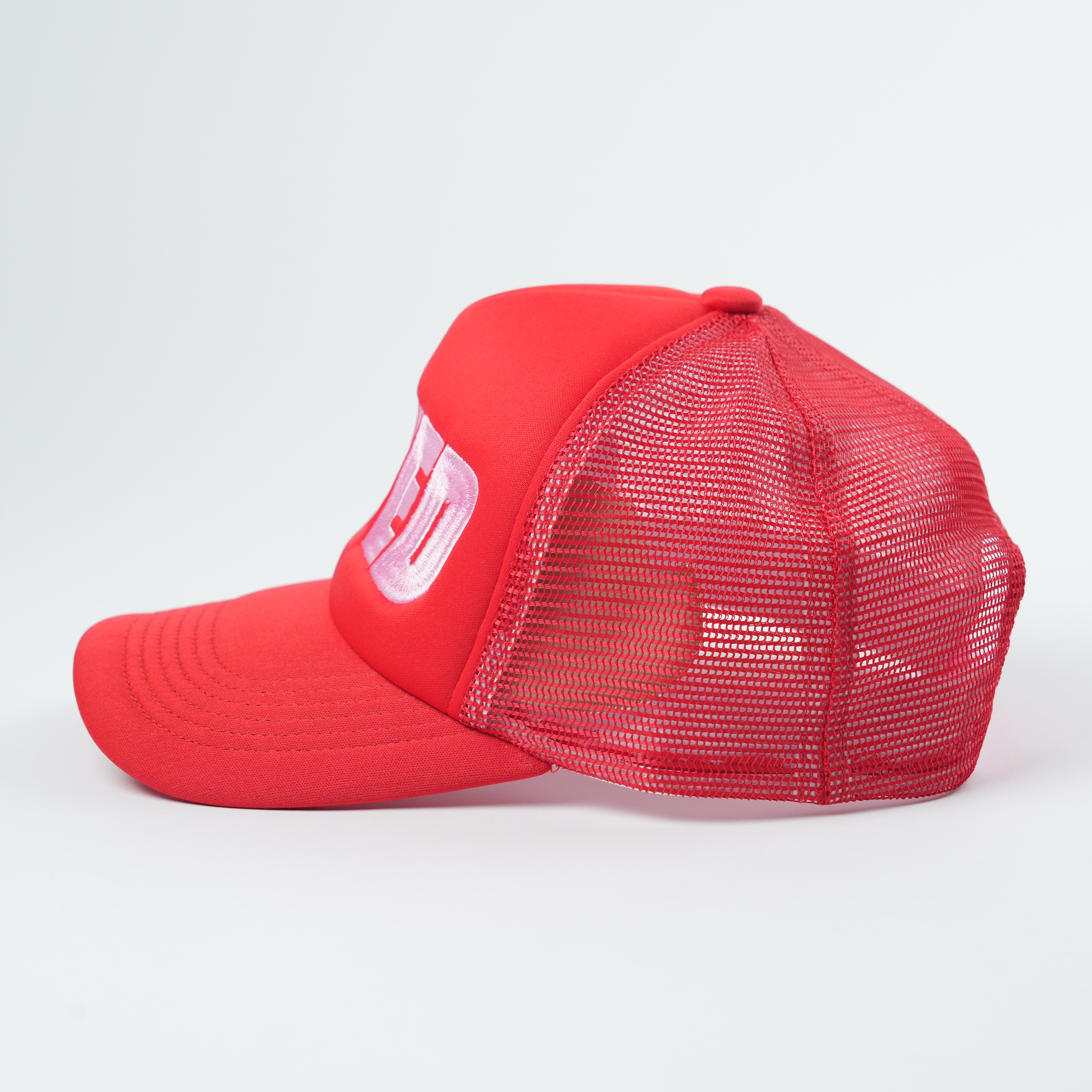 LOVED Pink Embroidered Red Trucker Hat