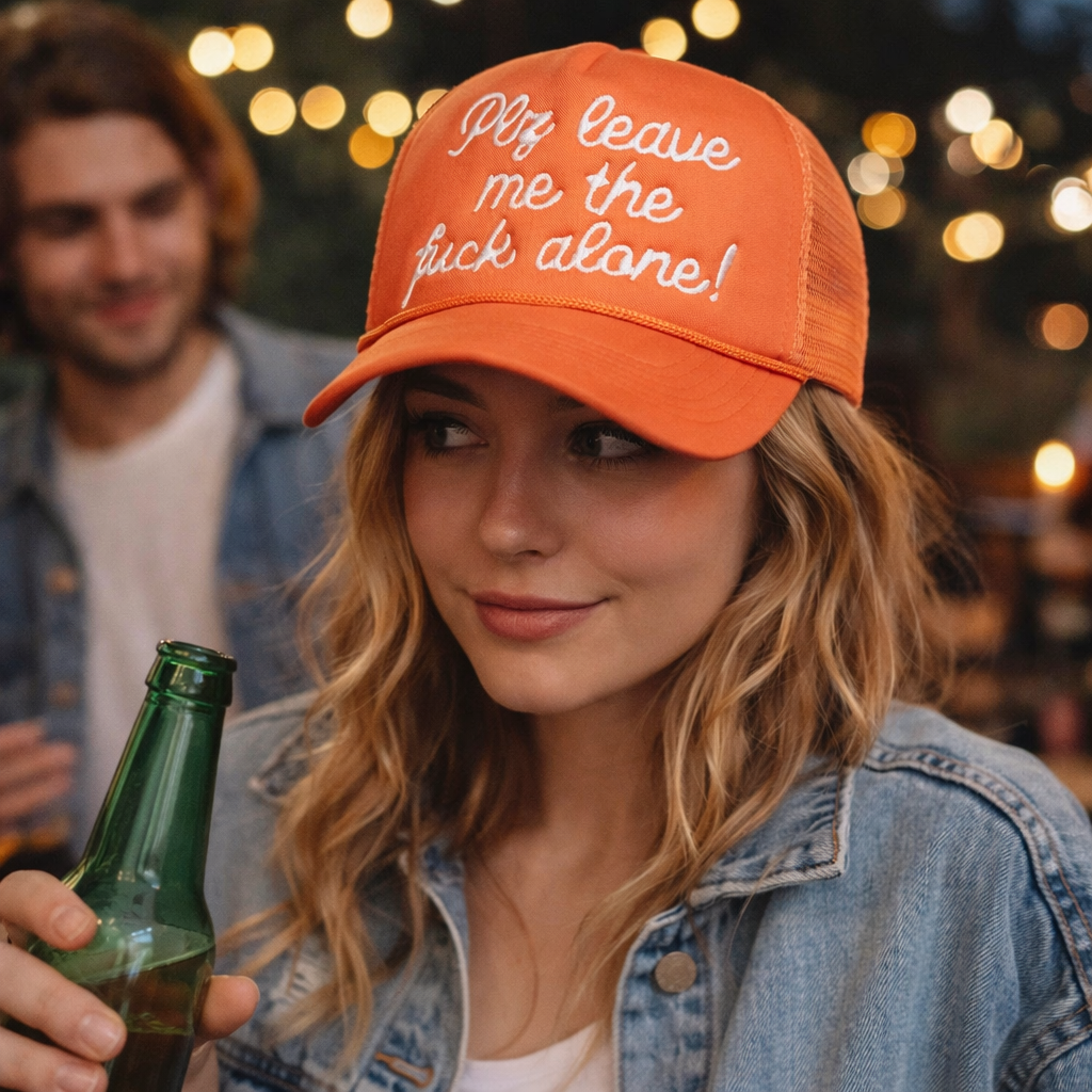 Bold Slogan Foam Trucker Hat – Orange 5 Panel Mesh Cap