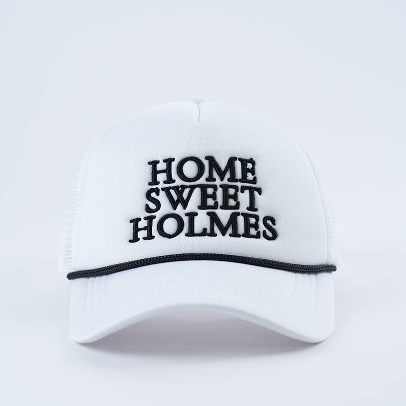 White Slogan Foam Trucker Cap with Mesh Back and Rope Detail