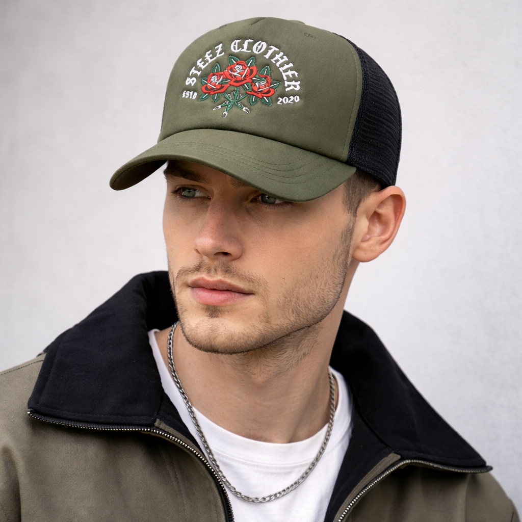 High-Quality Foam Trucker Hat with Flat Embroidered Rose Logo