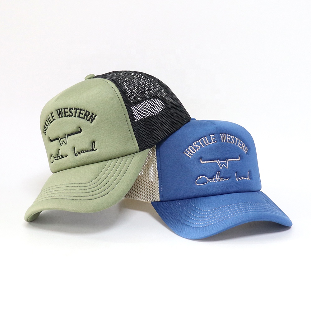 Western Style Embroidered Foam Trucker Hat with Mesh Back and Curved Brim