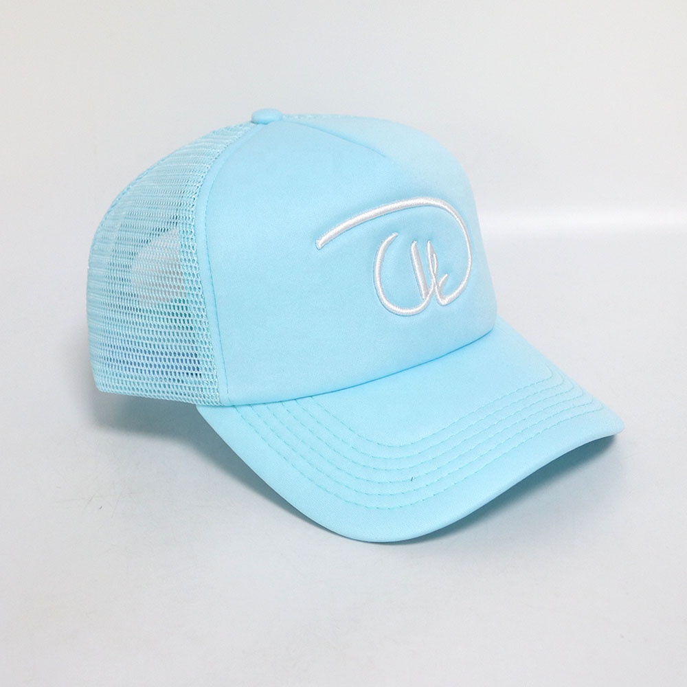 Light Blue Script Logo Mesh Trucker Cap with Curved Brim