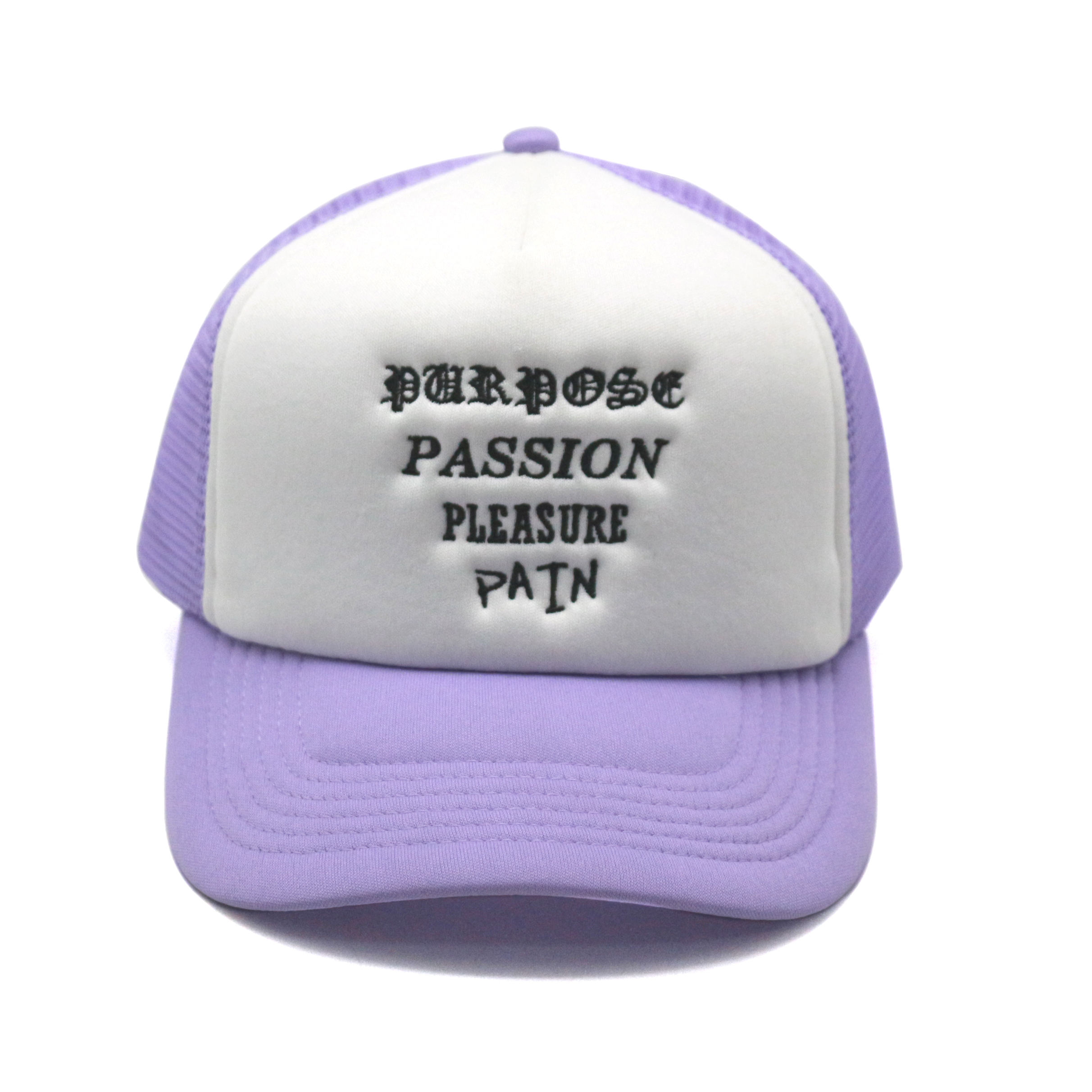 Purple & White Foam Trucker Hat with Flat Embroidered Text