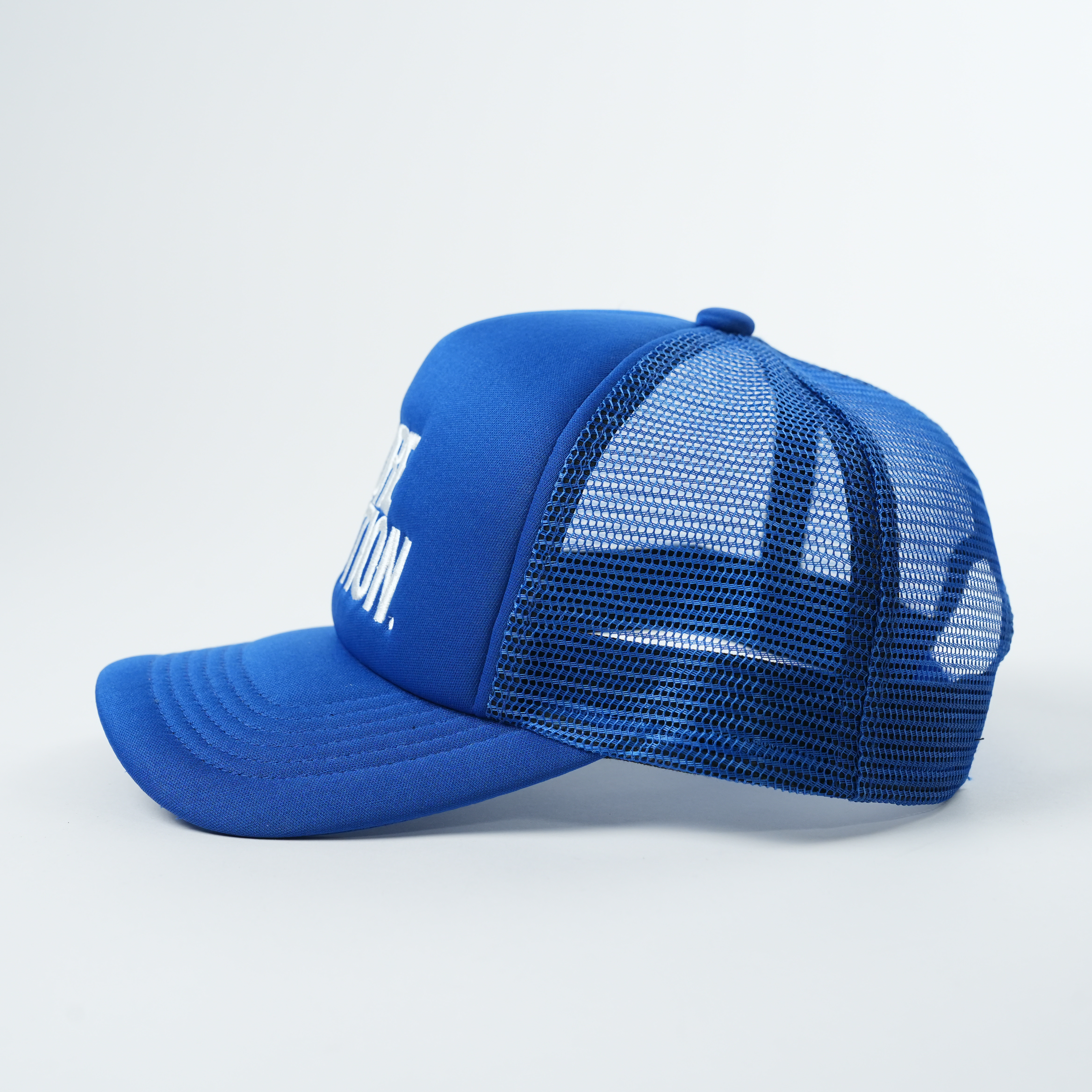 Bold Letter Foam Trucker Hat with Mesh Back – Black & Blue Color Options
