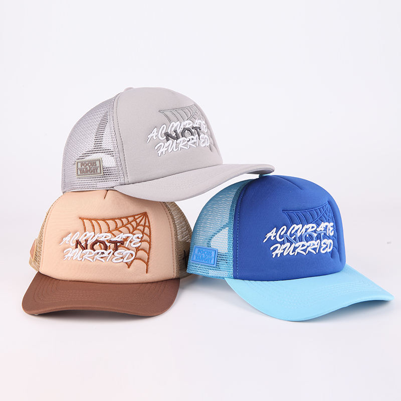 Color-Block Five-Panel Foam Mesh Cap with Script Embroidery