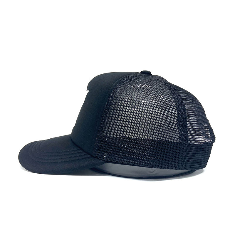 Black M Logo 5 Panel Foam Trucker Cap with Flat Embroidery