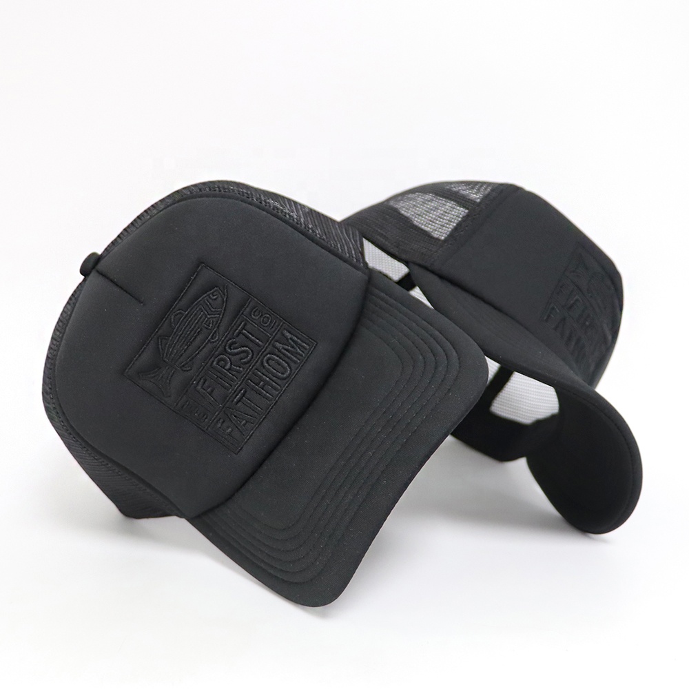 Black Foam Mesh Trucker Hat with Tonal Fish Patch Embroidery
