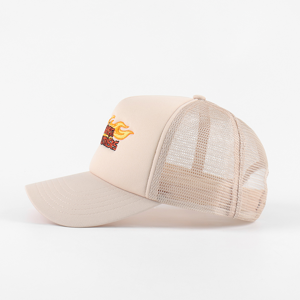 Skull Flame Embroidered Foam Mesh Trucker Cap