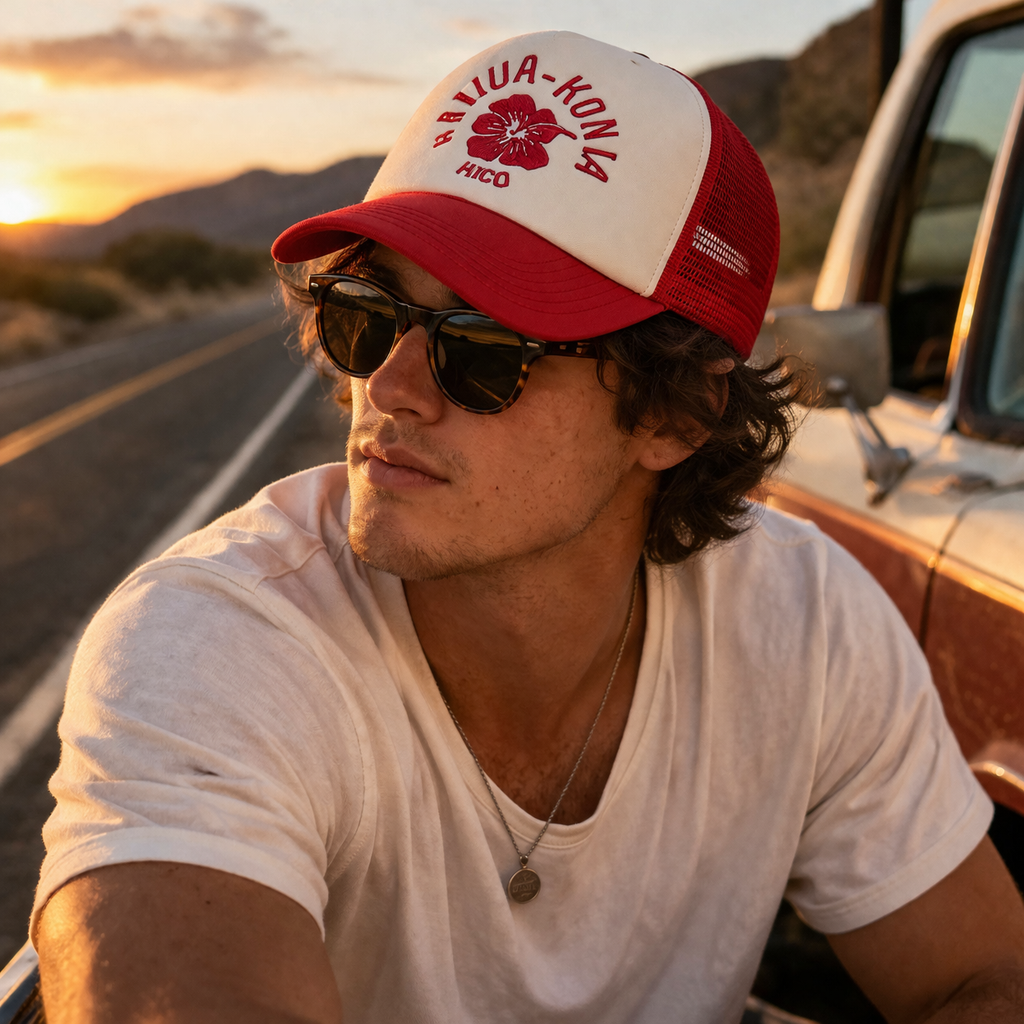Retro Floral Embroidered Mesh Trucker Cap with Curved Brim