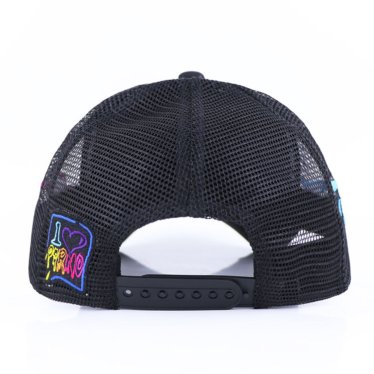 Black 5 Panel Foam Trucker Hat with Colorful Flat Embroidery Graphic Design