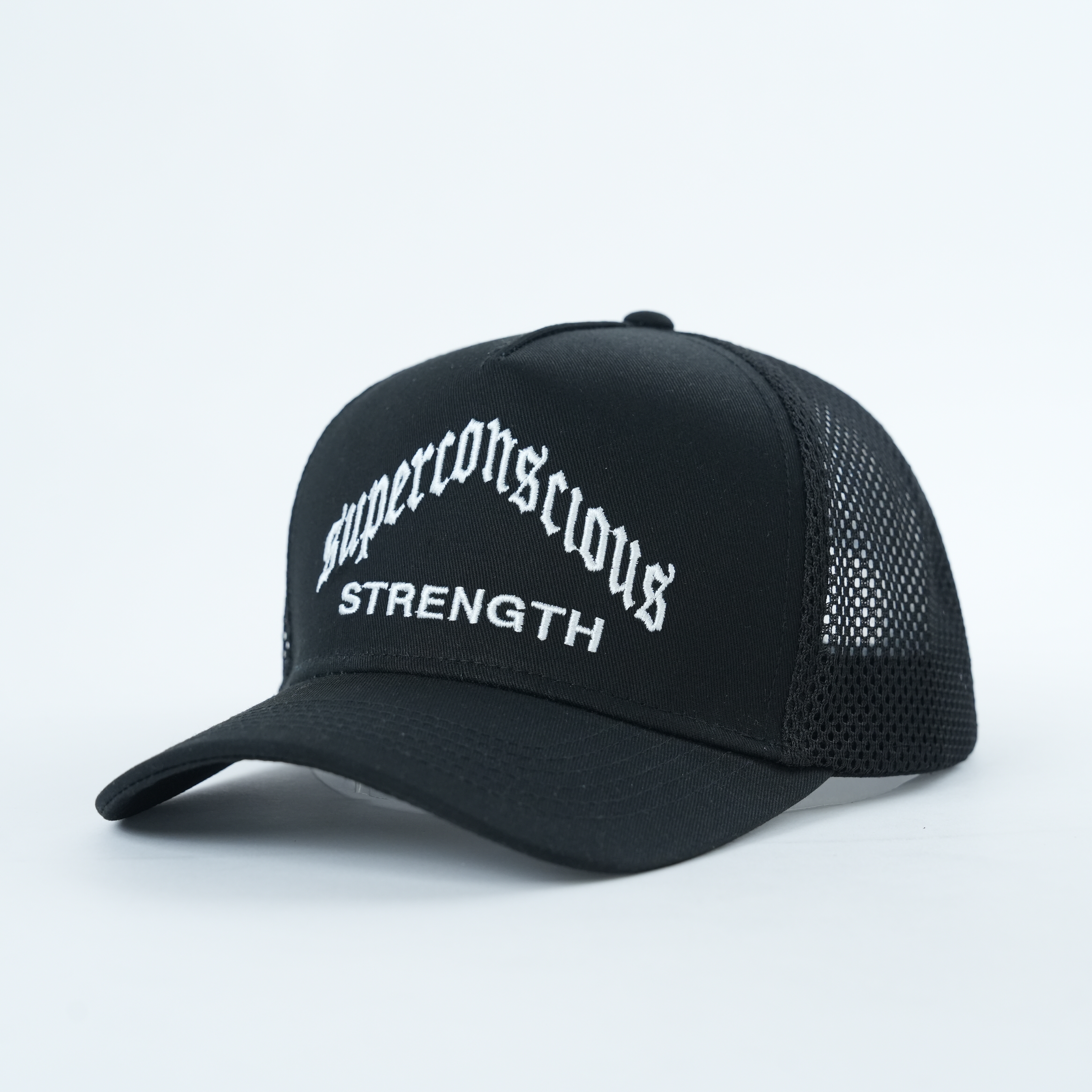 Black Mesh Trucker Hat with White Strength Embroidery