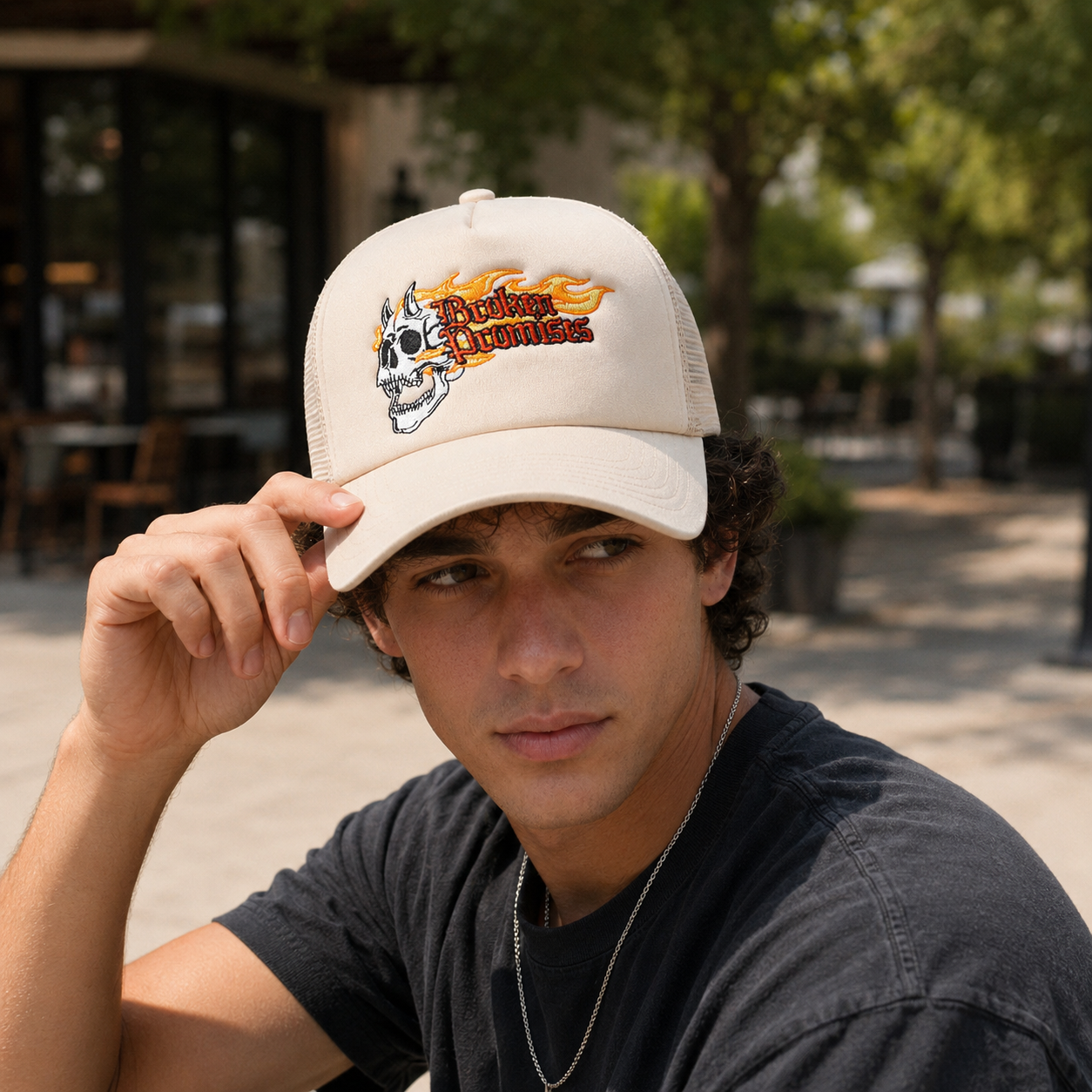 Skull Flame Embroidered Foam Mesh Trucker Cap
