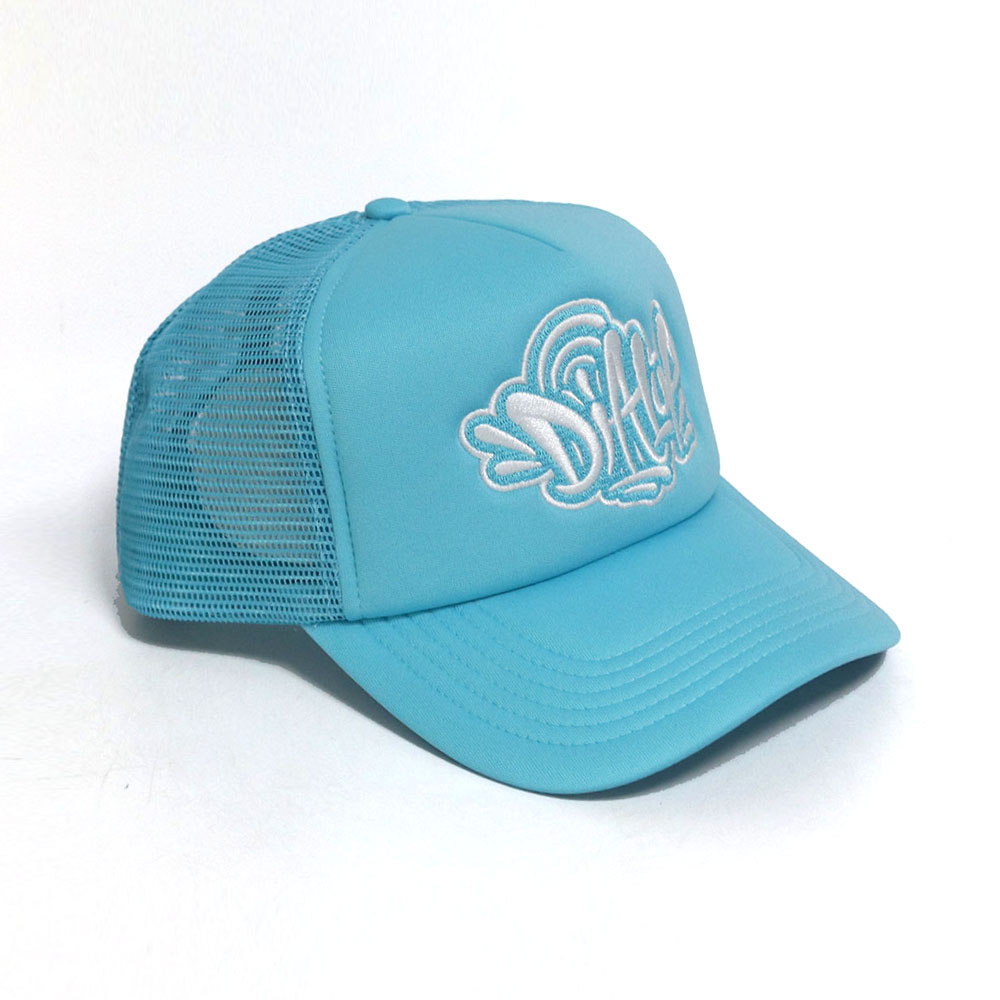 Light Blue Graffiti Embroidered Foam Trucker Cap Breathable Mesh Snapback Hat