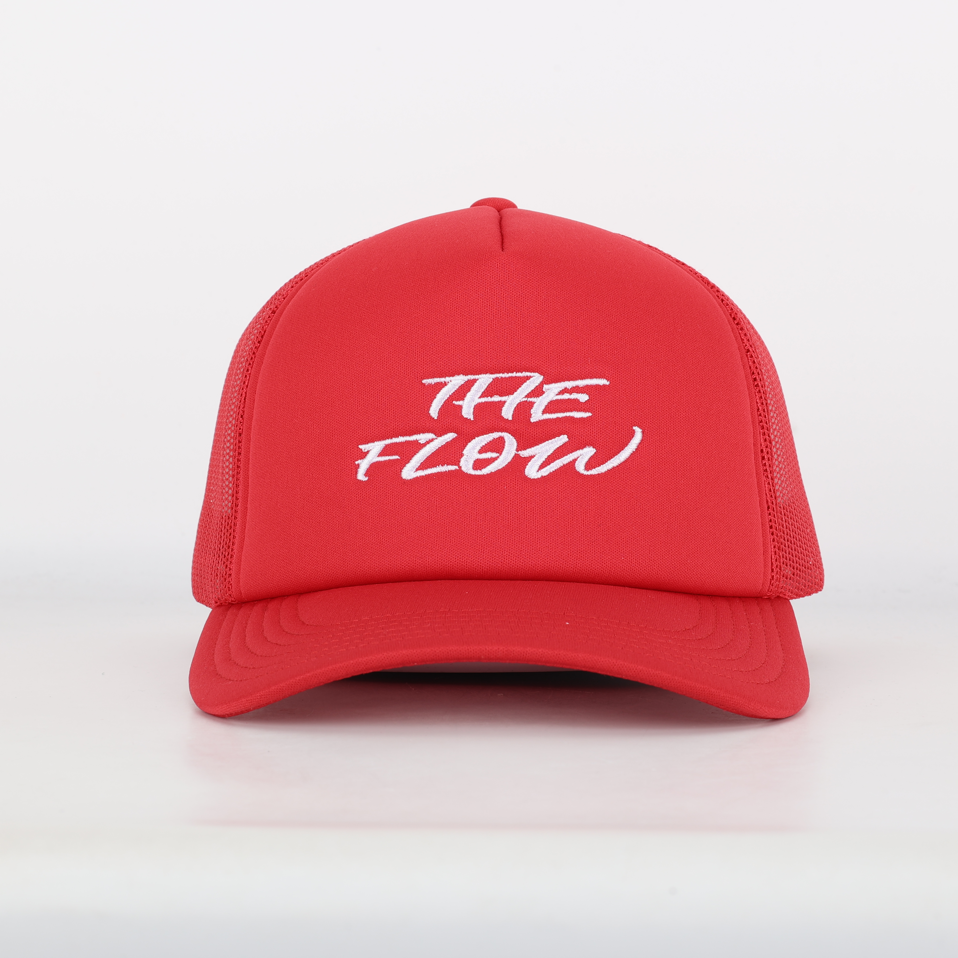 Red Mesh Trucker Cap with White Script Logo