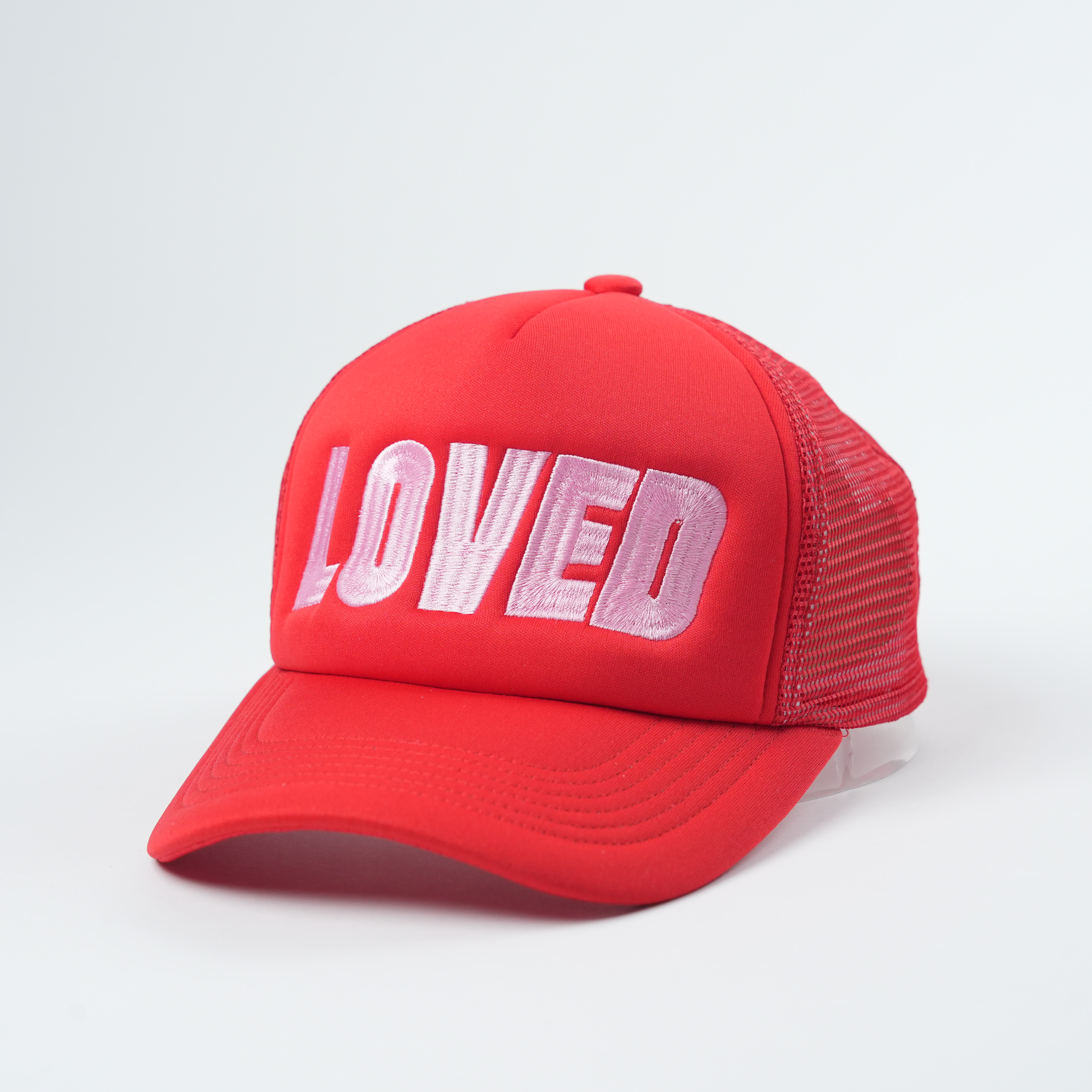 LOVED Pink Embroidered Red Trucker Hat