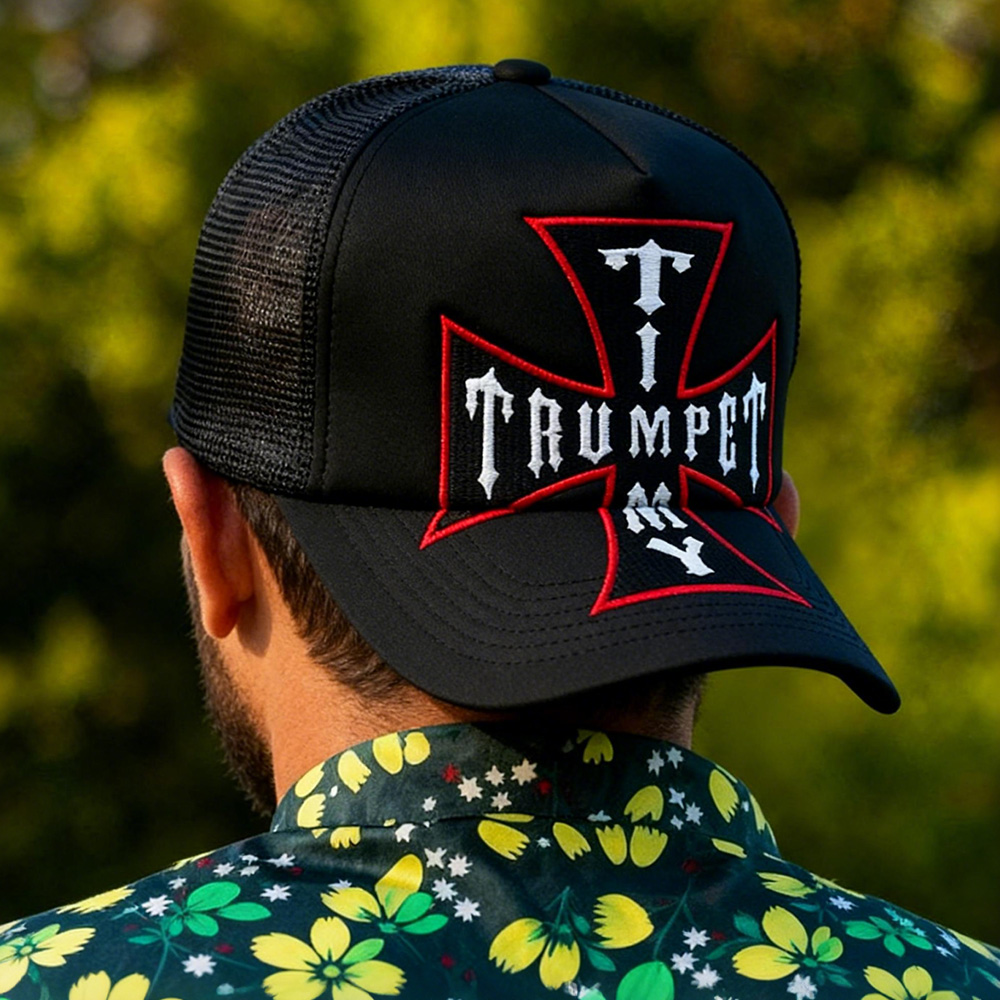 Black Trumpet Cross Embroidered Five-Panel Mesh Trucker Cap
