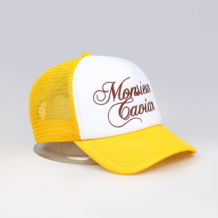 Yellow and White 5 Panel Foam Trucker Hat with Embroidered Script