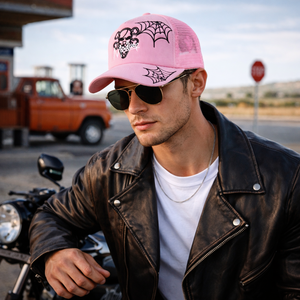 Pink and Khaki Skull Spider Web Mesh Trucker Cap