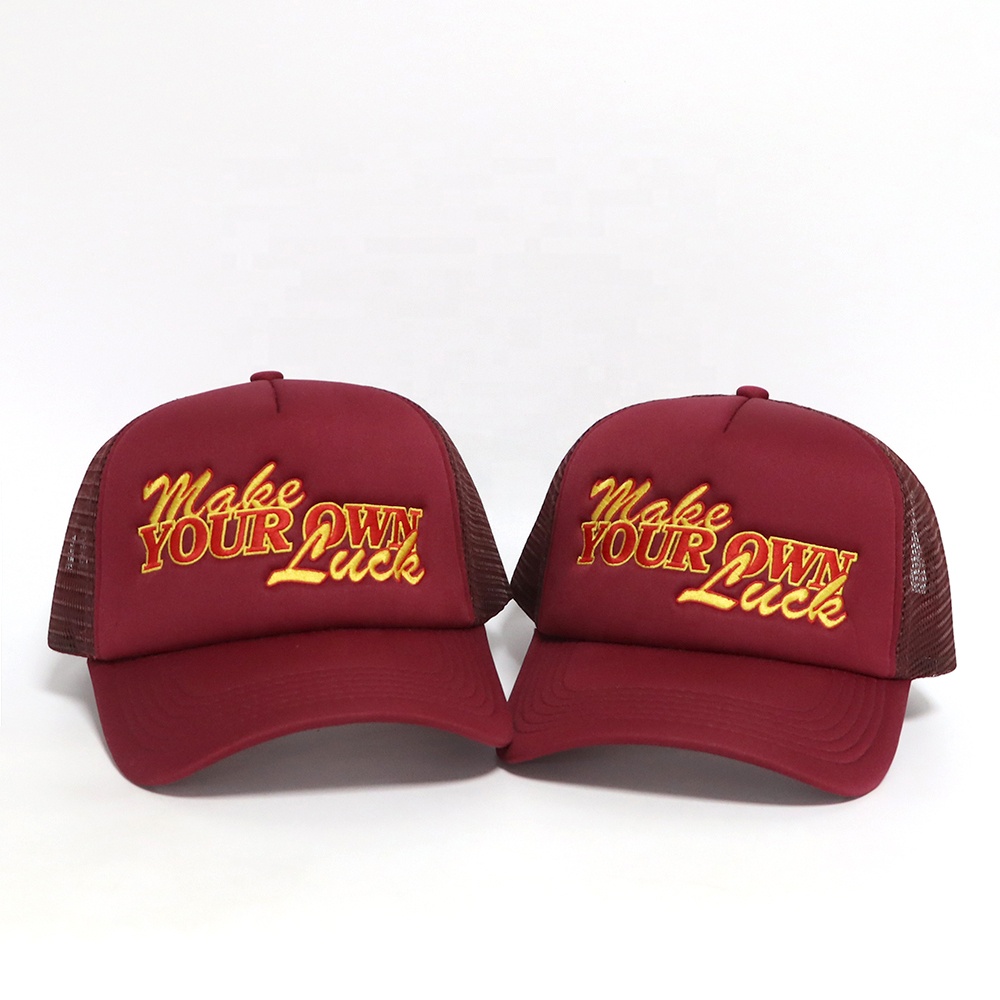 Burgundy Mesh-Back Trucker Cap with Raised Make Your Own Luck Embroidery