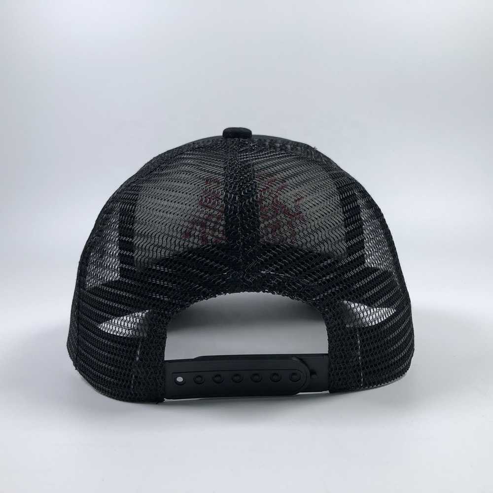 Stylish Black Embroidered Trucker Hat with Red Lettering