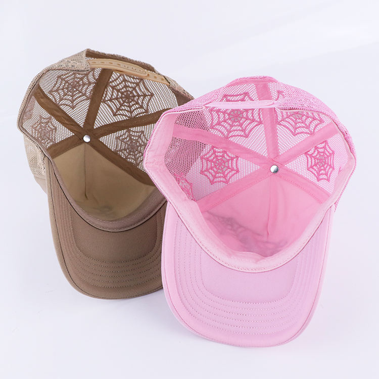 Pink and Khaki Skull Spider Web Mesh Trucker Cap