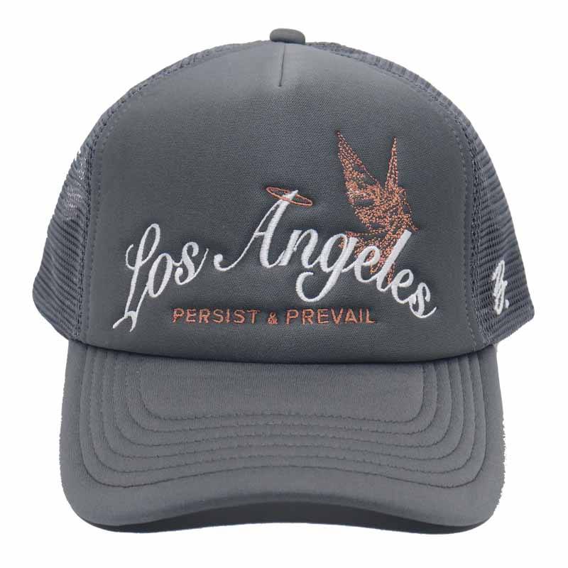 Grey Los Angeles Script Embroidered Mesh Trucker Cap with Angel Graphic