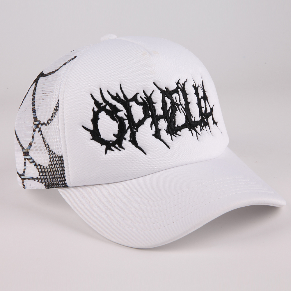 Black and White Foam Trucker Hat with Gothic Embroidered Logo and Mesh Back Design