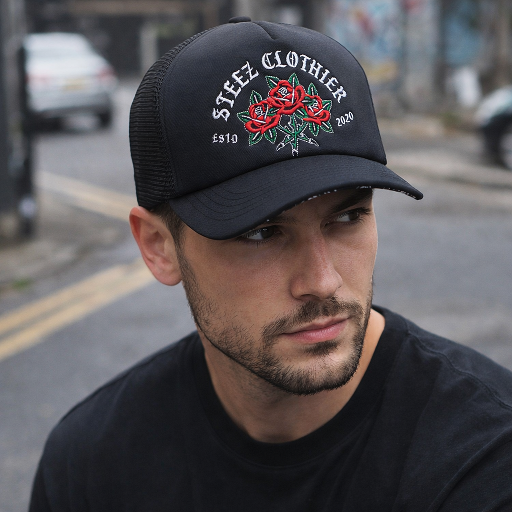 High-Quality Foam Trucker Hat with Flat Embroidered Rose Logo